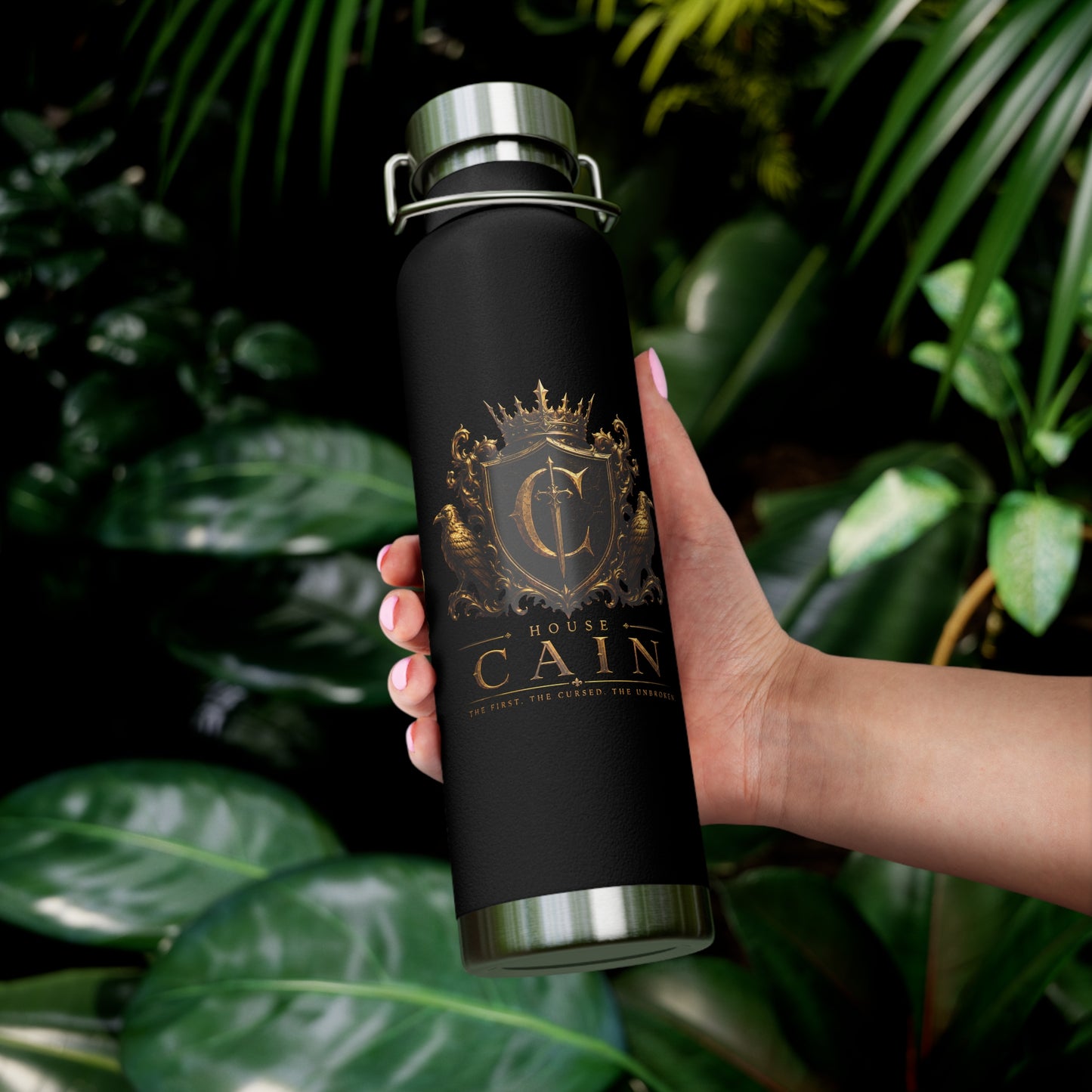 22oz Copper Vacuum Insulated Bottle — Black Matte with Ornate Gold Cain Crest