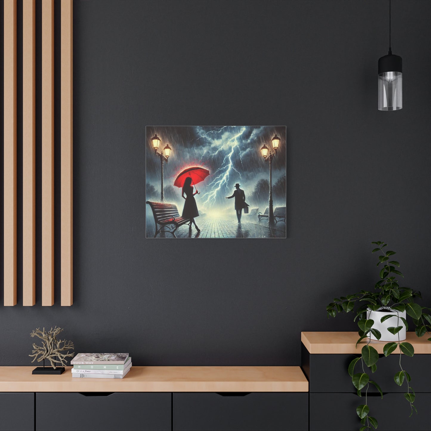 Rainy Night Romance Canvas Print — Woman with Red Umbrella Street Scene