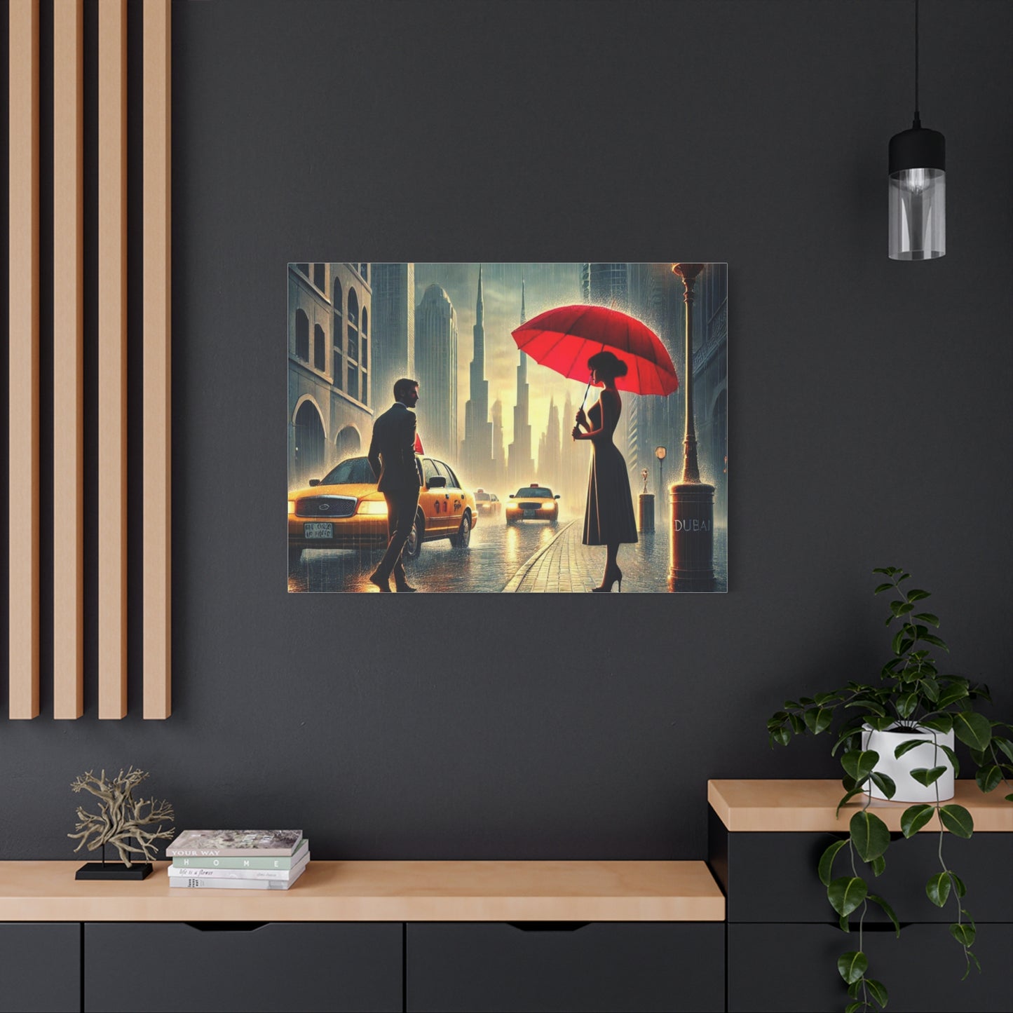 Rainy Night Romance Canvas Print — Woman with Red Umbrella Street Scene Dubai