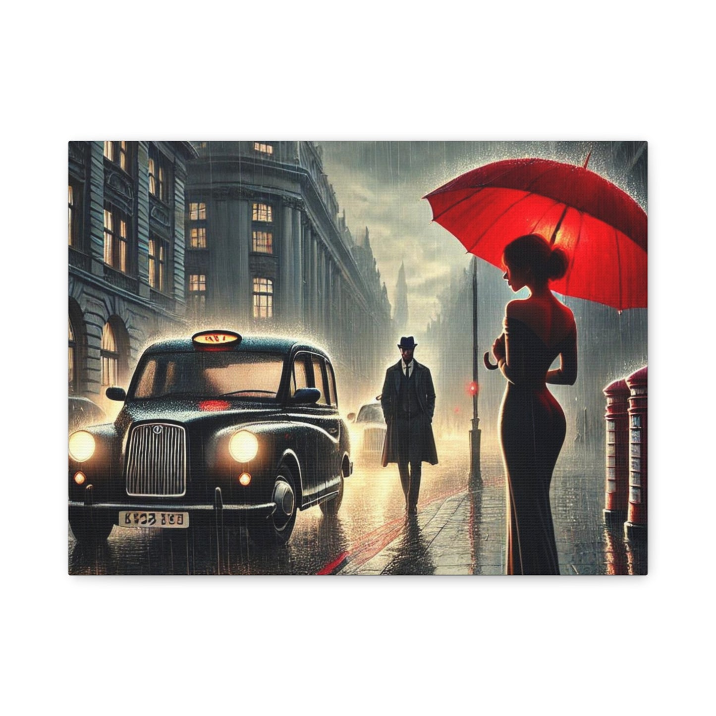 Rainy Night Romance Canvas Print — Woman with Red Umbrella Street Scene London