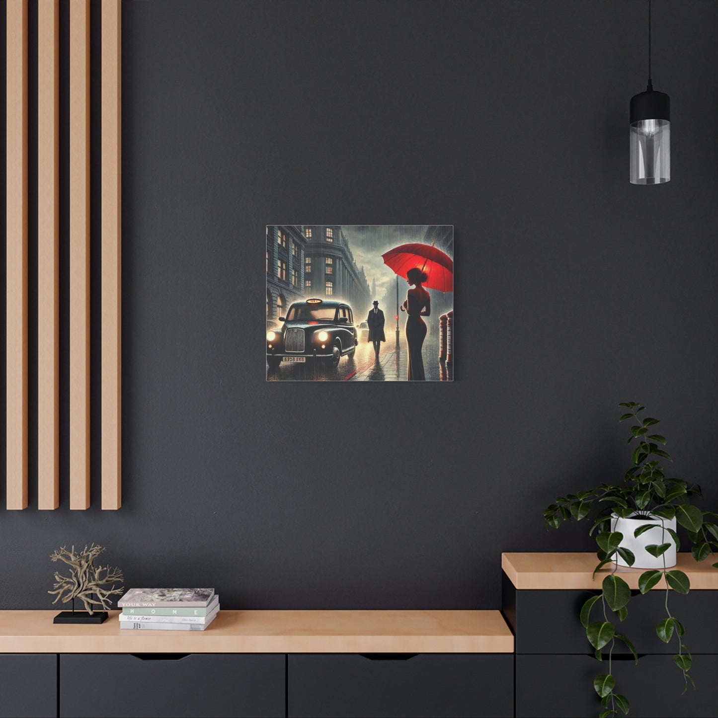 Rainy Night Romance Canvas Print — Woman with Red Umbrella Street Scene London