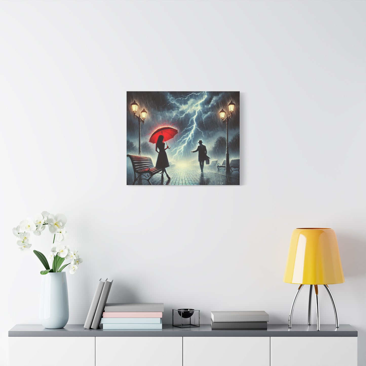 Rainy Night Romance Canvas Print — Woman with Red Umbrella Street Scene