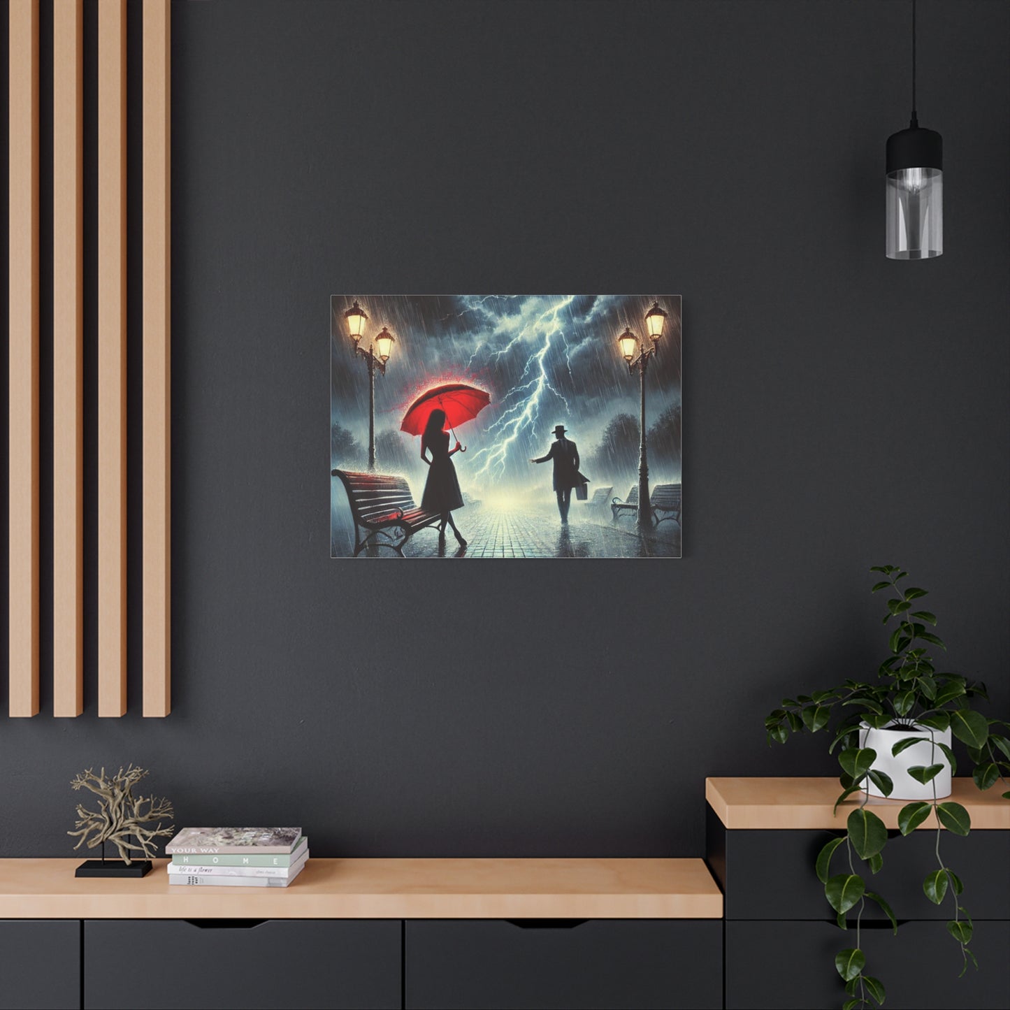 Rainy Night Romance Canvas Print — Woman with Red Umbrella Street Scene