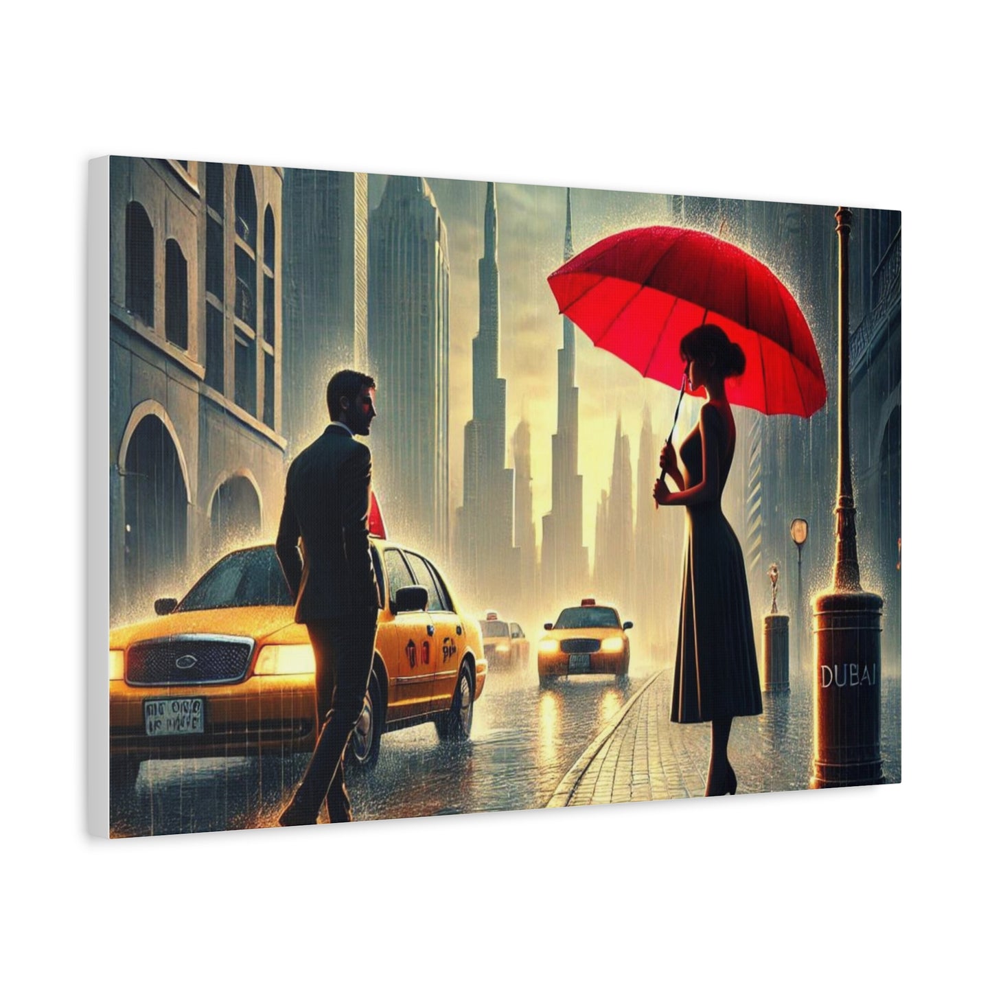 Rainy Night Romance Canvas Print — Woman with Red Umbrella Street Scene Dubai