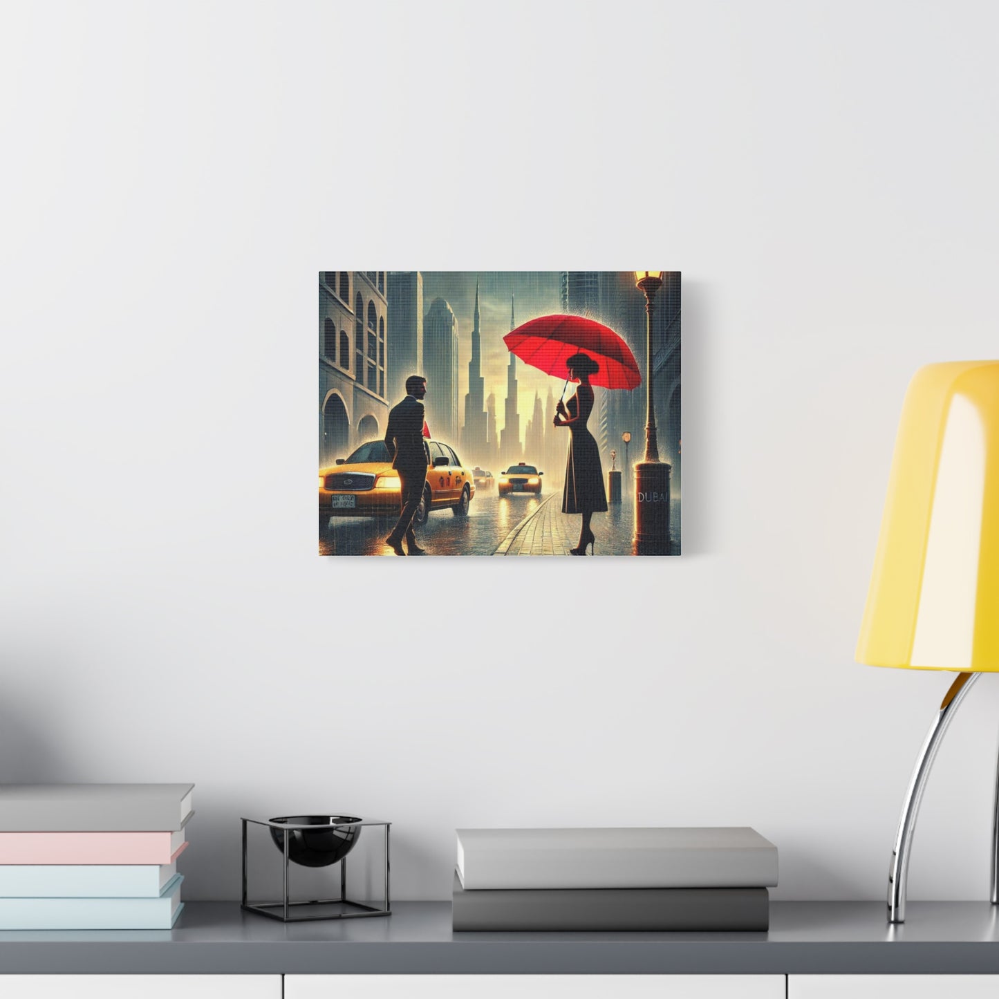 Rainy Night Romance Canvas Print — Woman with Red Umbrella Street Scene Dubai