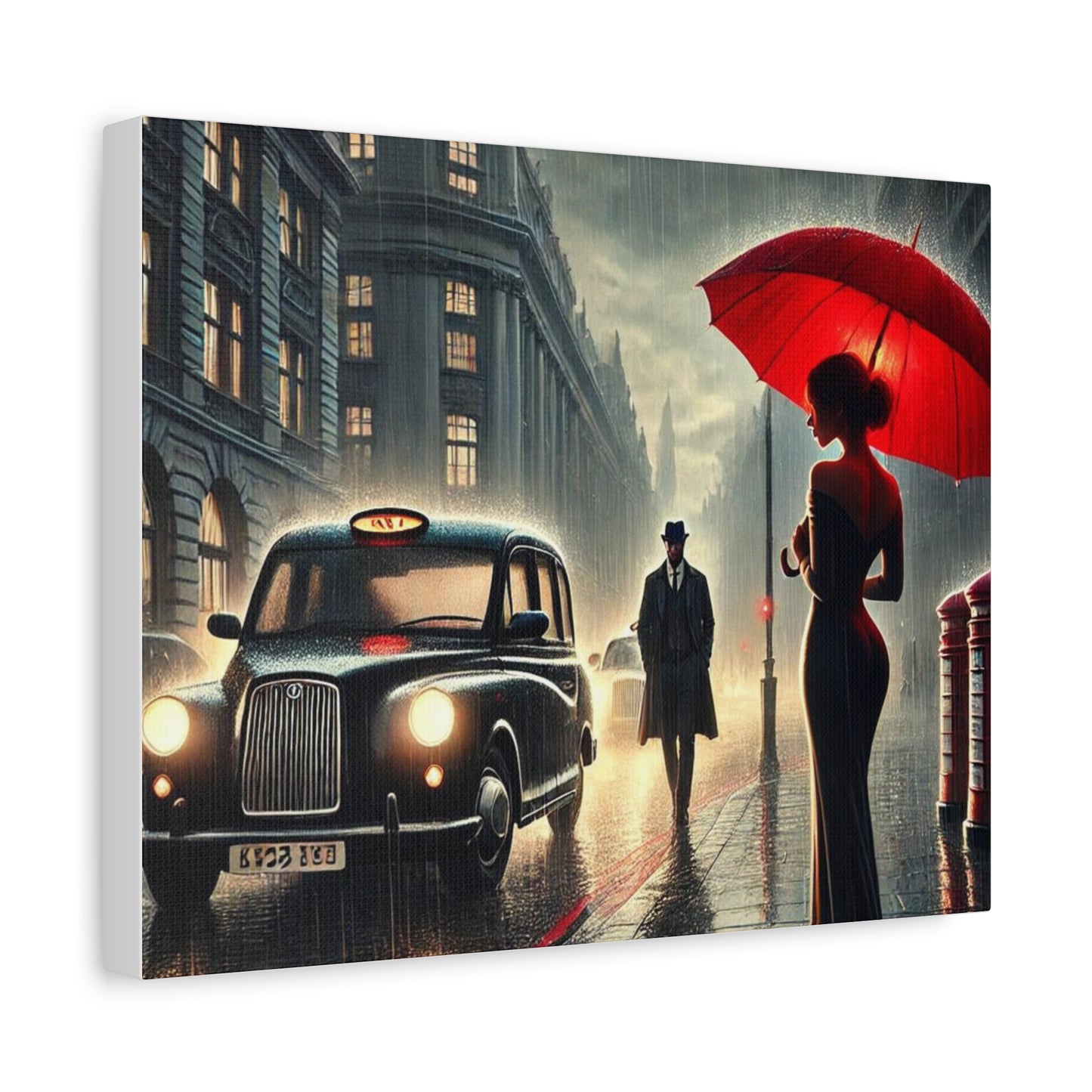 Rainy Night Romance Canvas Print — Woman with Red Umbrella Street Scene London