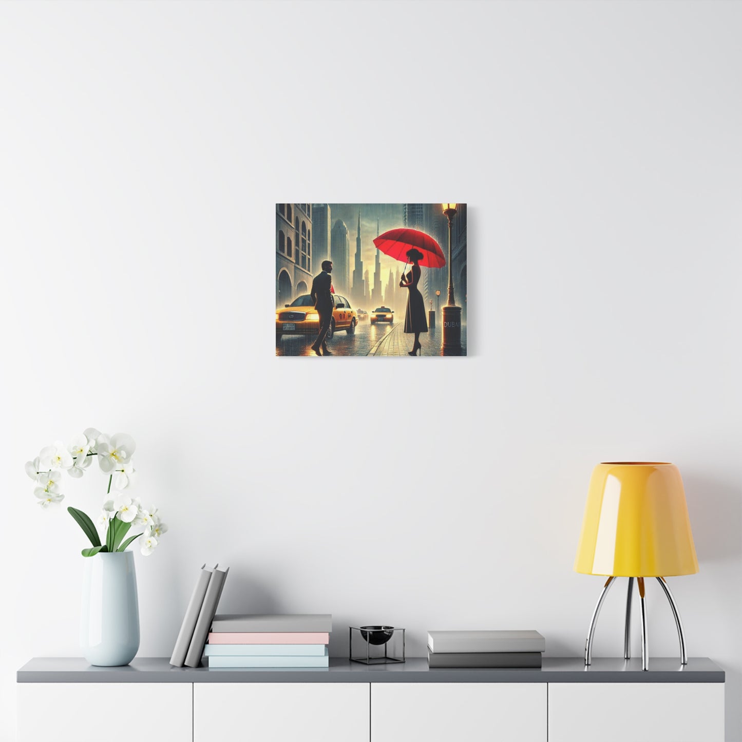Rainy Night Romance Canvas Print — Woman with Red Umbrella Street Scene Dubai