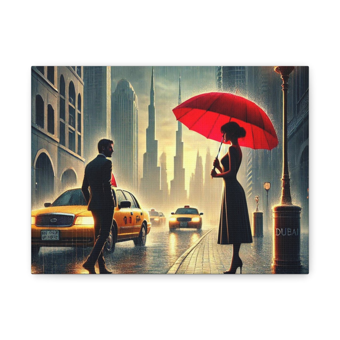 Rainy Night Romance Canvas Print — Woman with Red Umbrella Street Scene Dubai