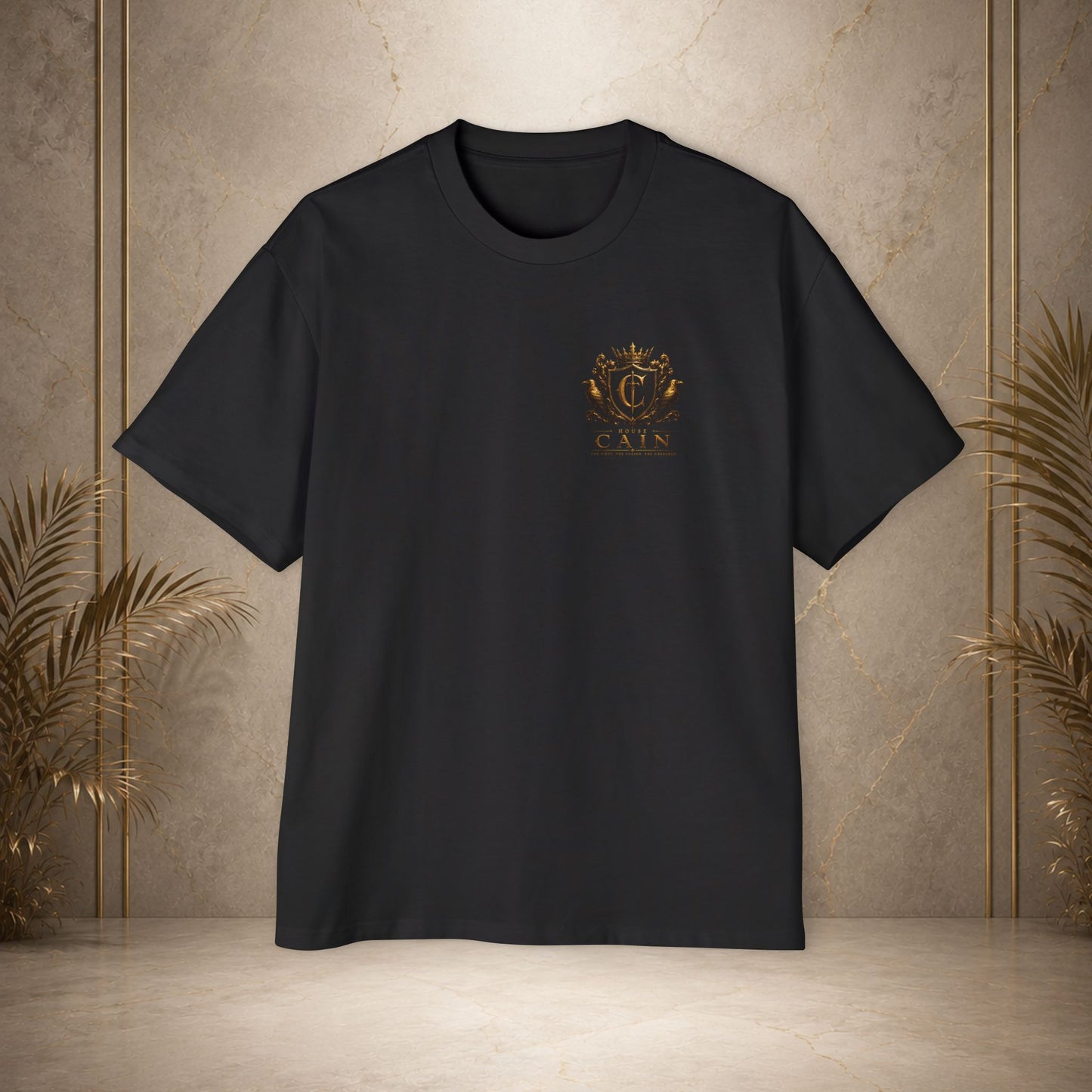 Oversized Tee — "Legend Never Dies" Gold House Cain Crest