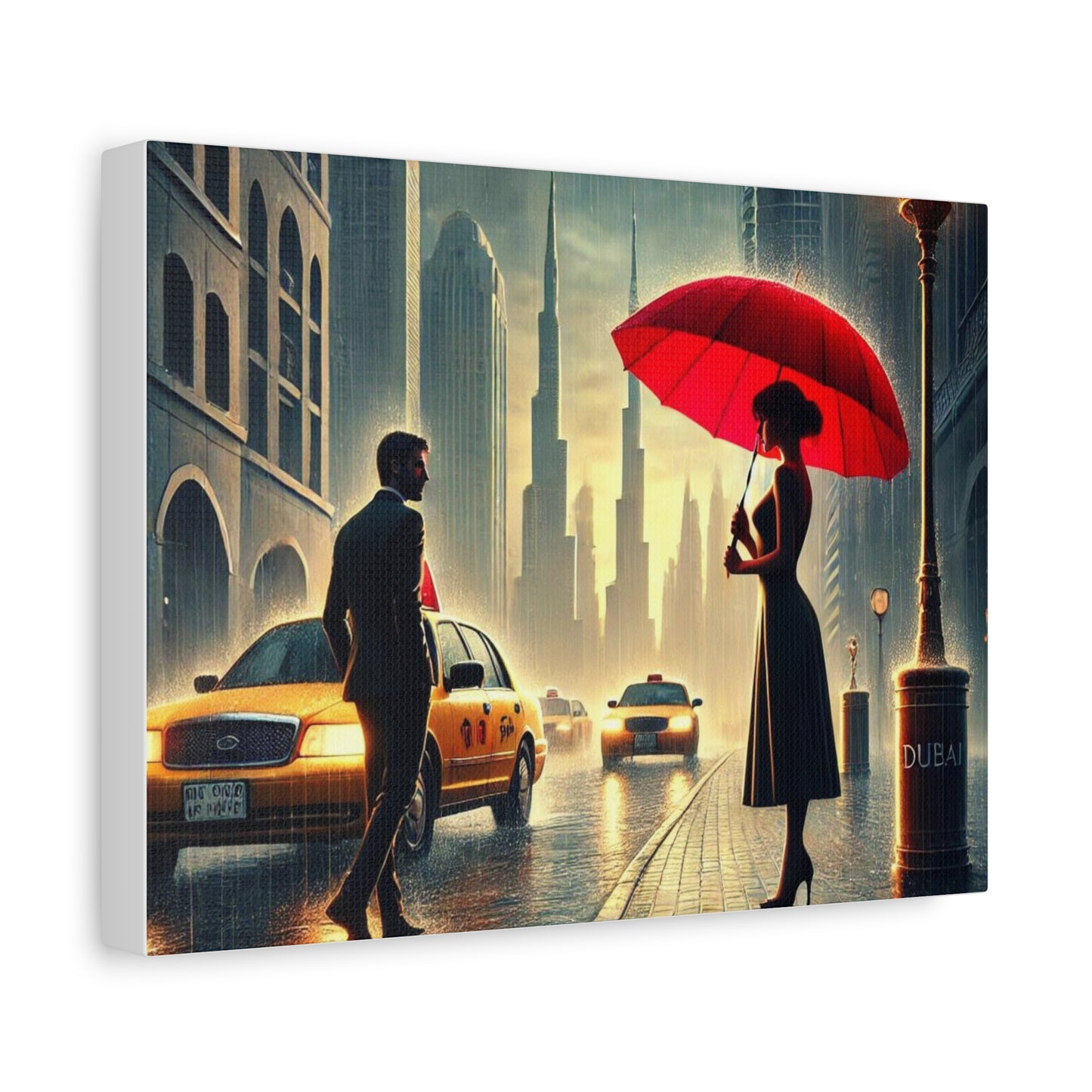 Rainy Night Romance Canvas Print — Woman with Red Umbrella Street Scene Dubai