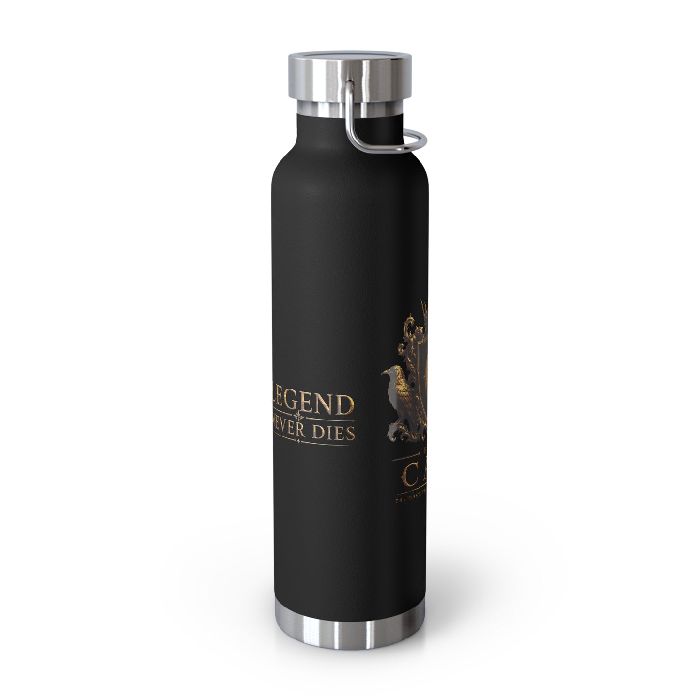 22oz Copper Vacuum Insulated Bottle — Black Matte with Ornate Gold Cain Crest