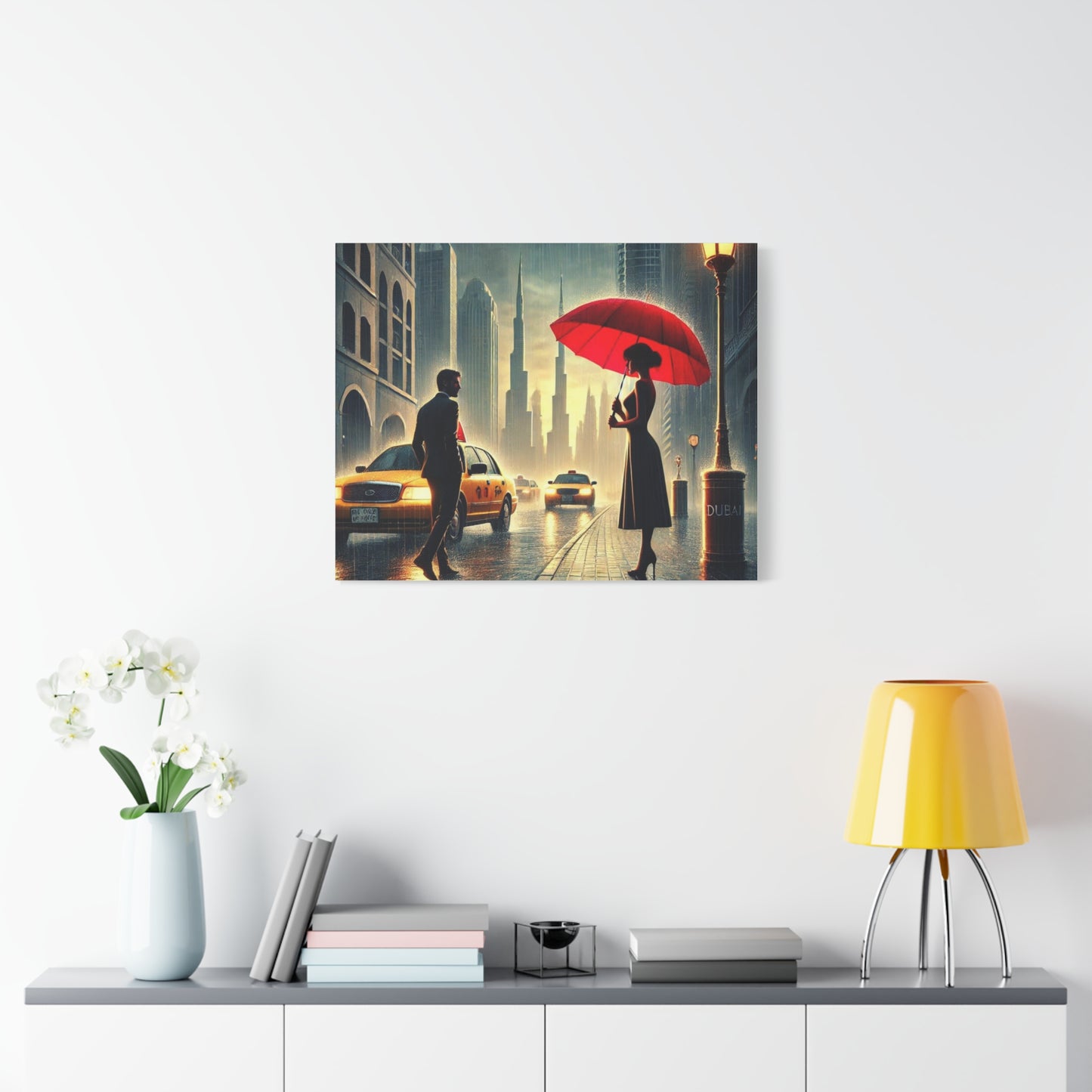 Rainy Night Romance Canvas Print — Woman with Red Umbrella Street Scene Dubai