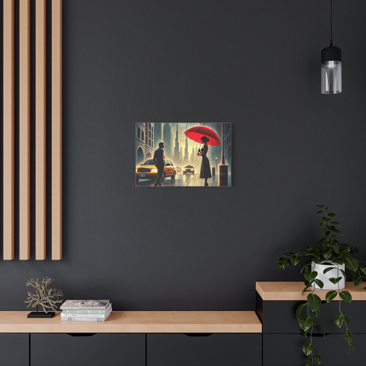 Rainy Night Romance Canvas Print — Woman with Red Umbrella Street Scene Dubai
